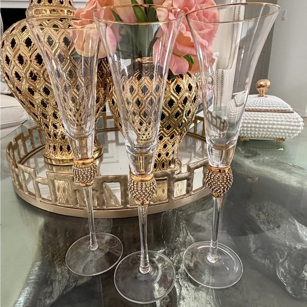 Set of 3 Z Gallerie Elegant Gold and Clear Champagne Flutes